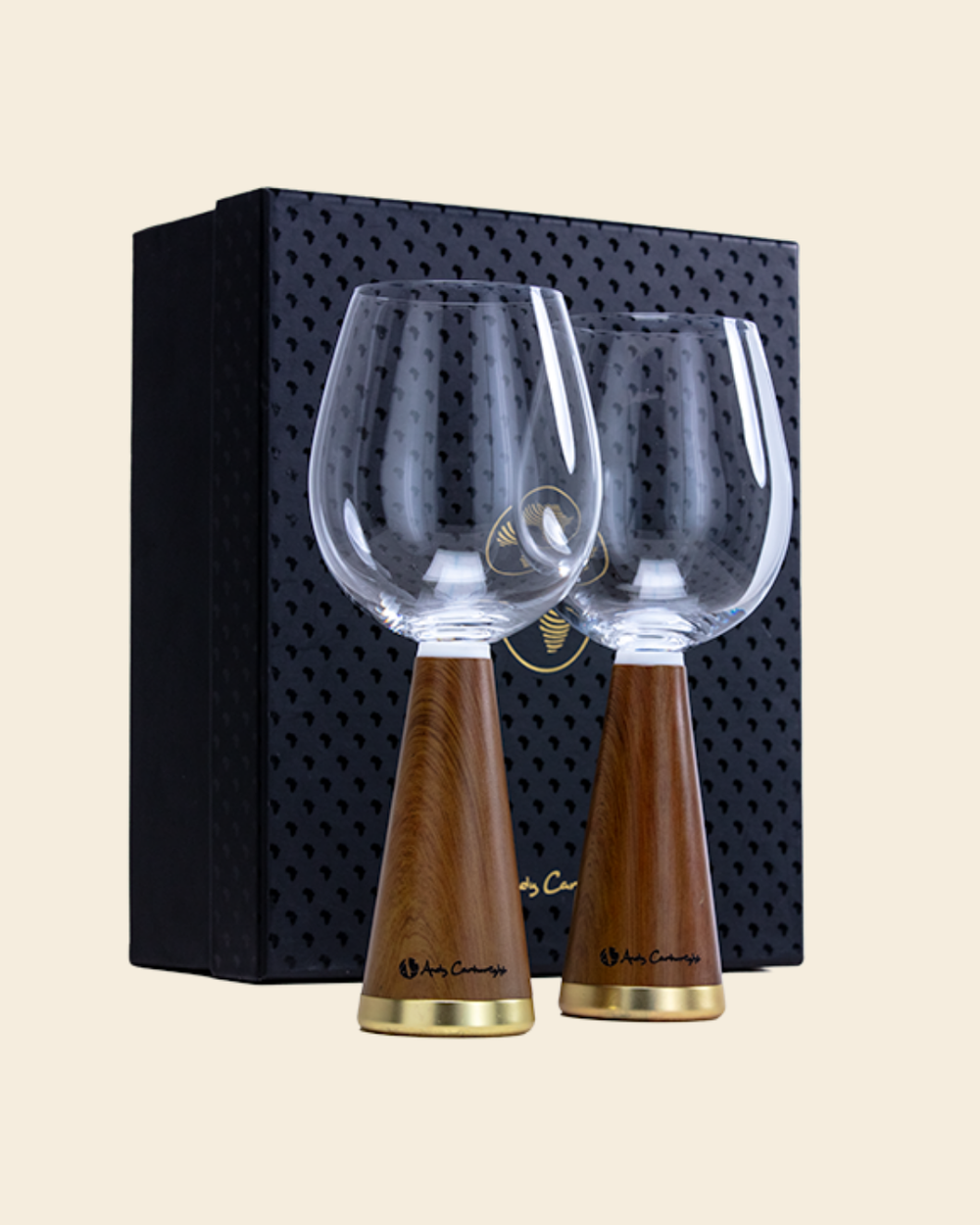 Andy Cartwright Wood-Base Wine Glass Set of 2 Gold Collar