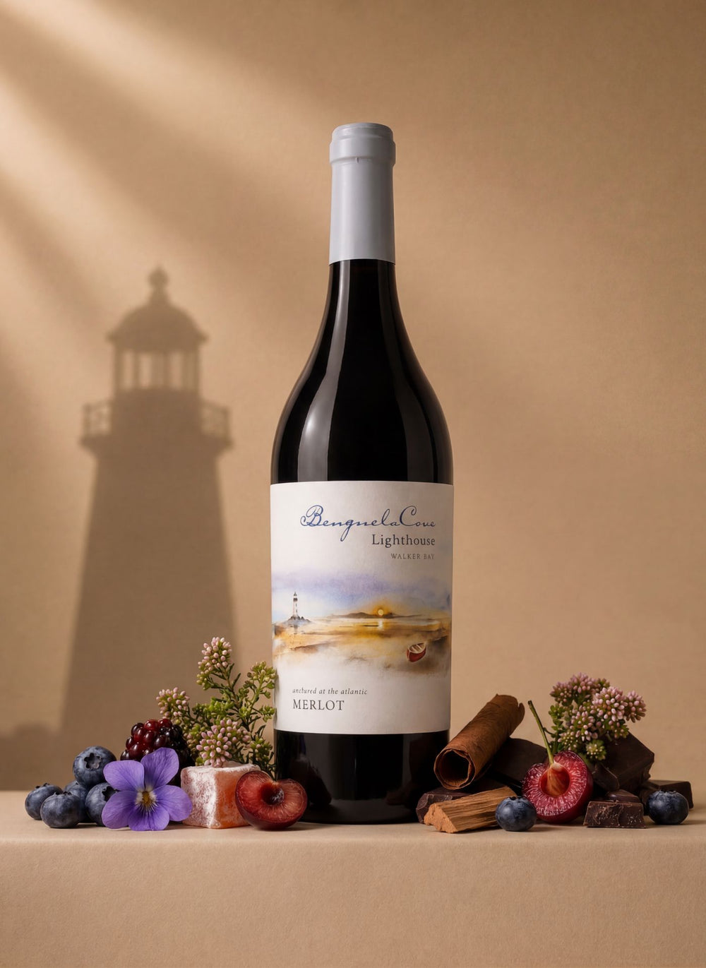Bottle of wine with a scenic label on a beige background with decorative elements.