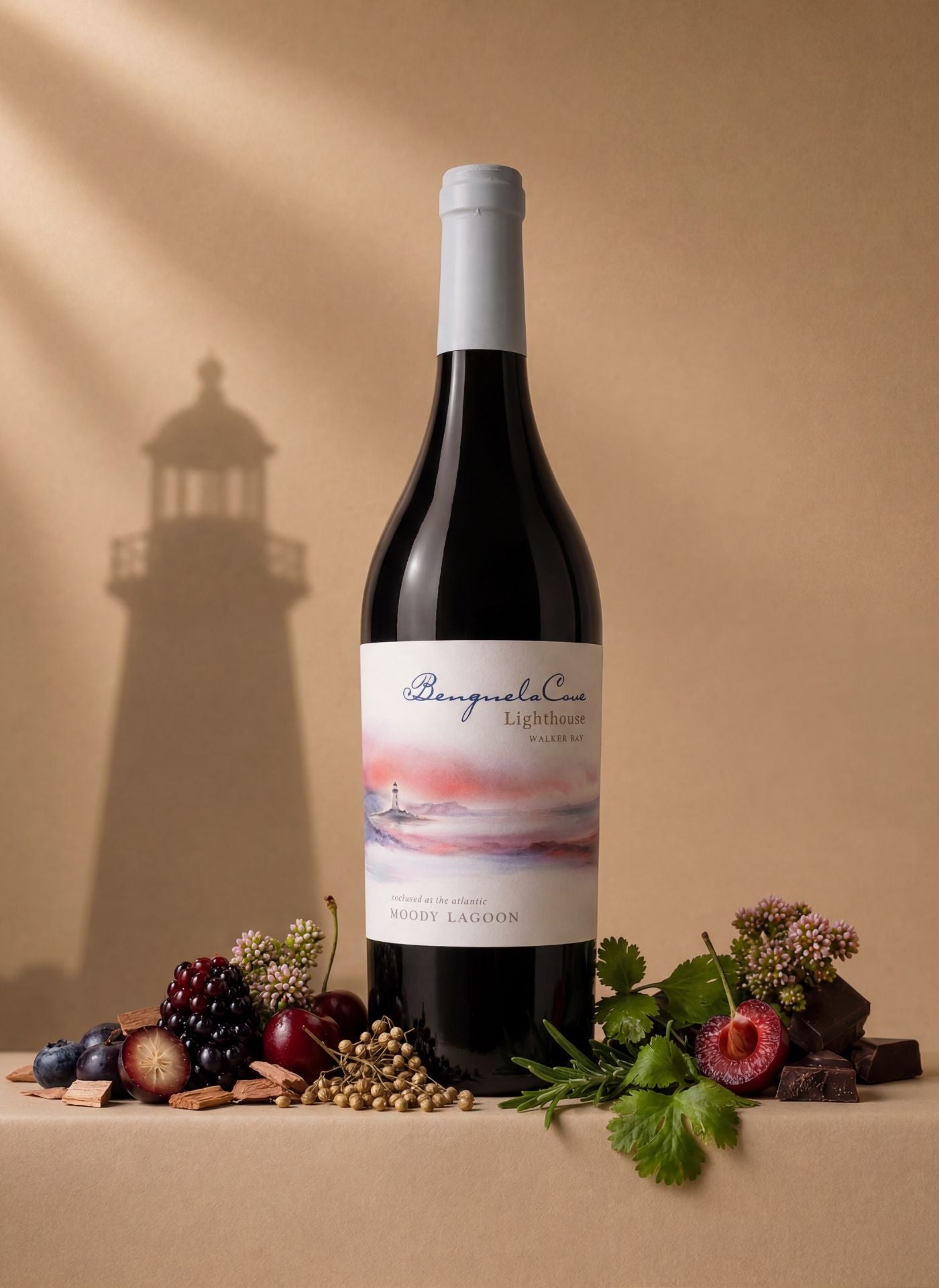 Bottle of Lighthouse Moody Lagoon red wine with a scenic label on a beige background with a lighthouse shadow.