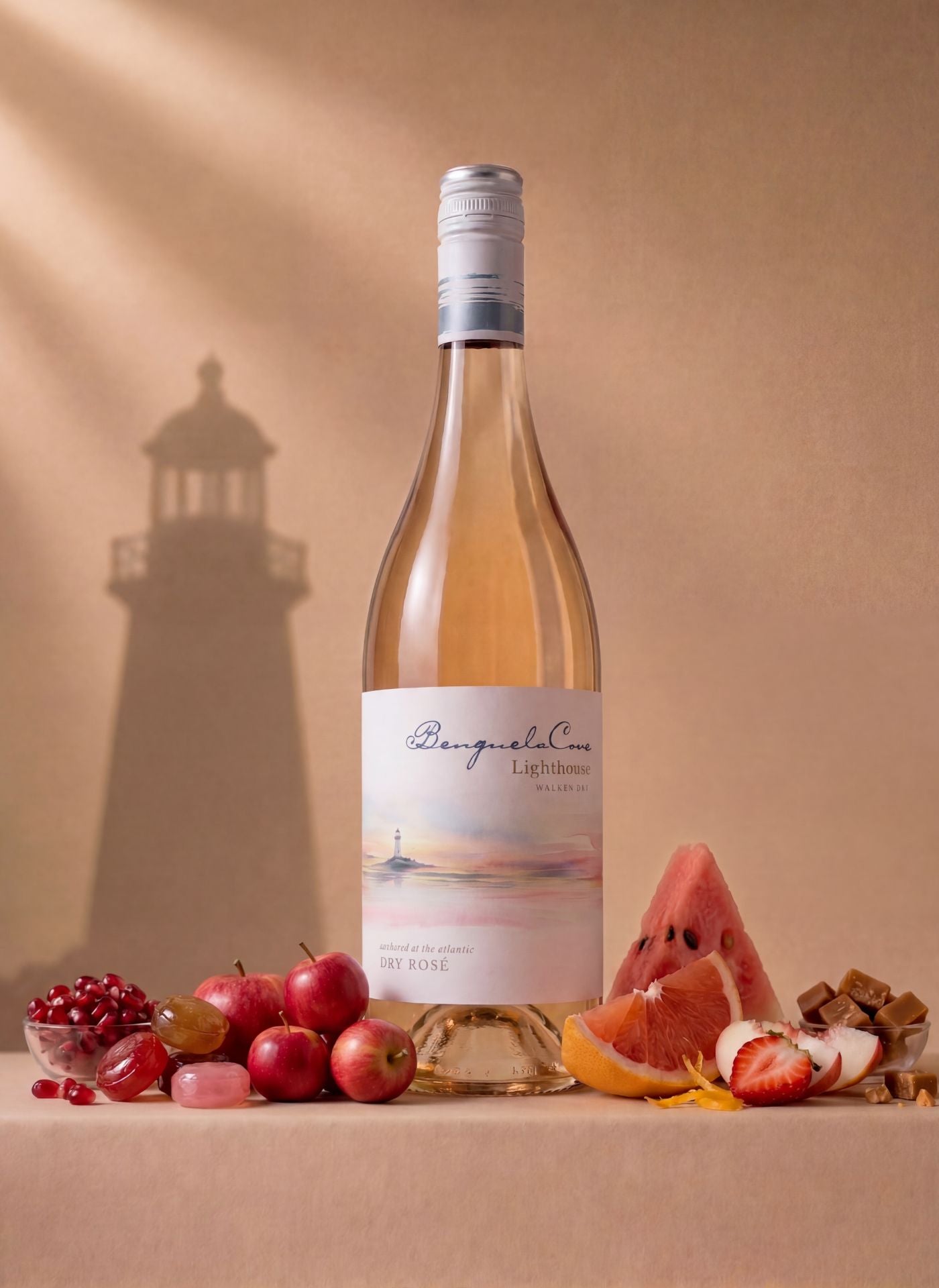 Bottle of wine with a lighthouse silhouette and fruit on a beige background