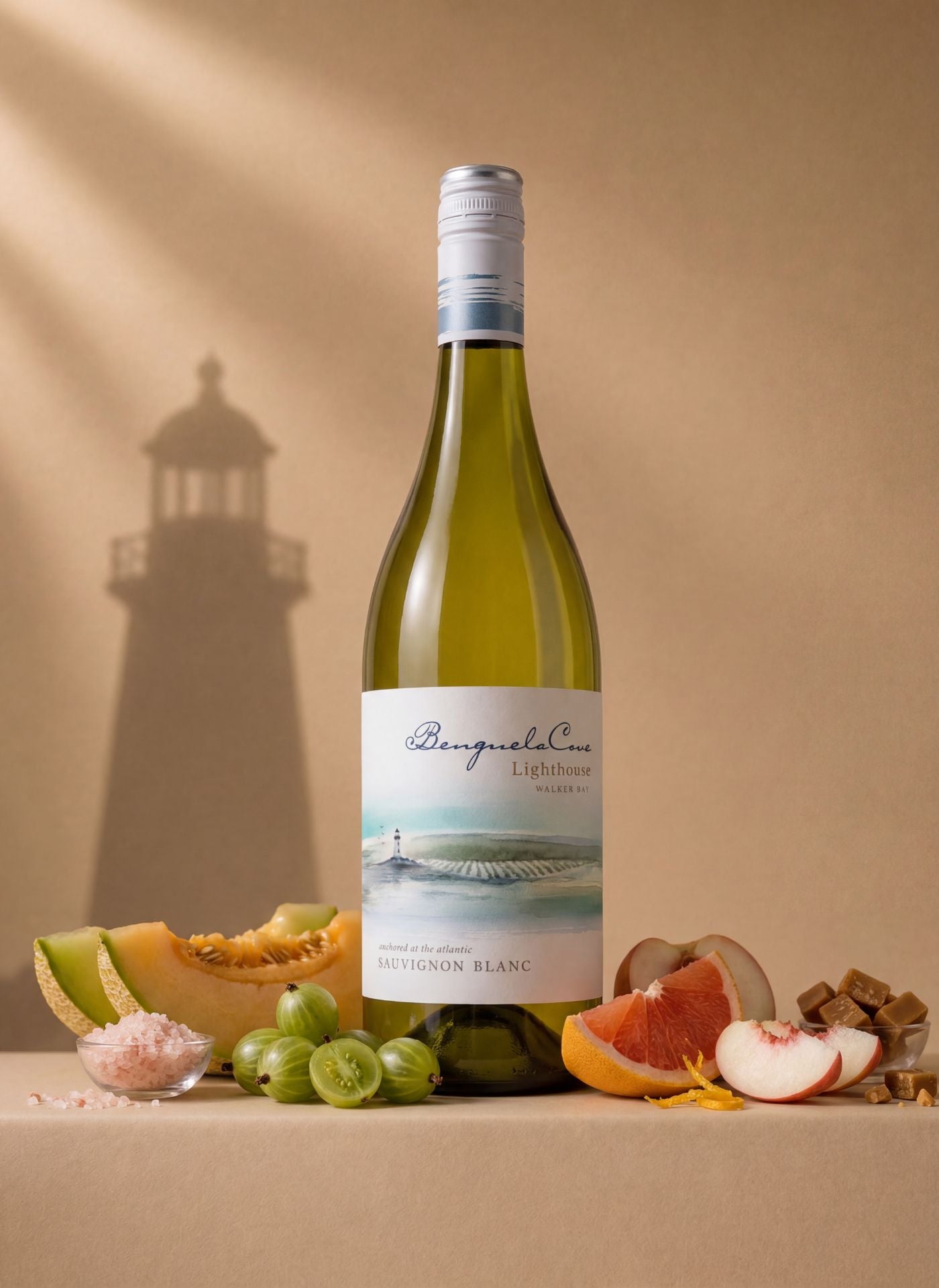 Lighthouse Sauvignon Blanc white wine with a scenic label, surrounded by fruits and a lighthouse silhouette.
