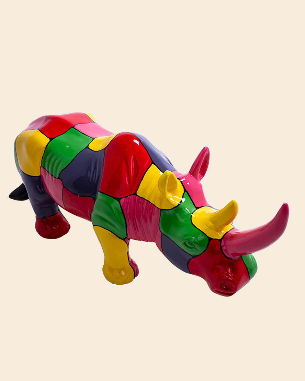 Rainbow Pop Art Rhino Sculpture - Multicolour Gloss with red horn